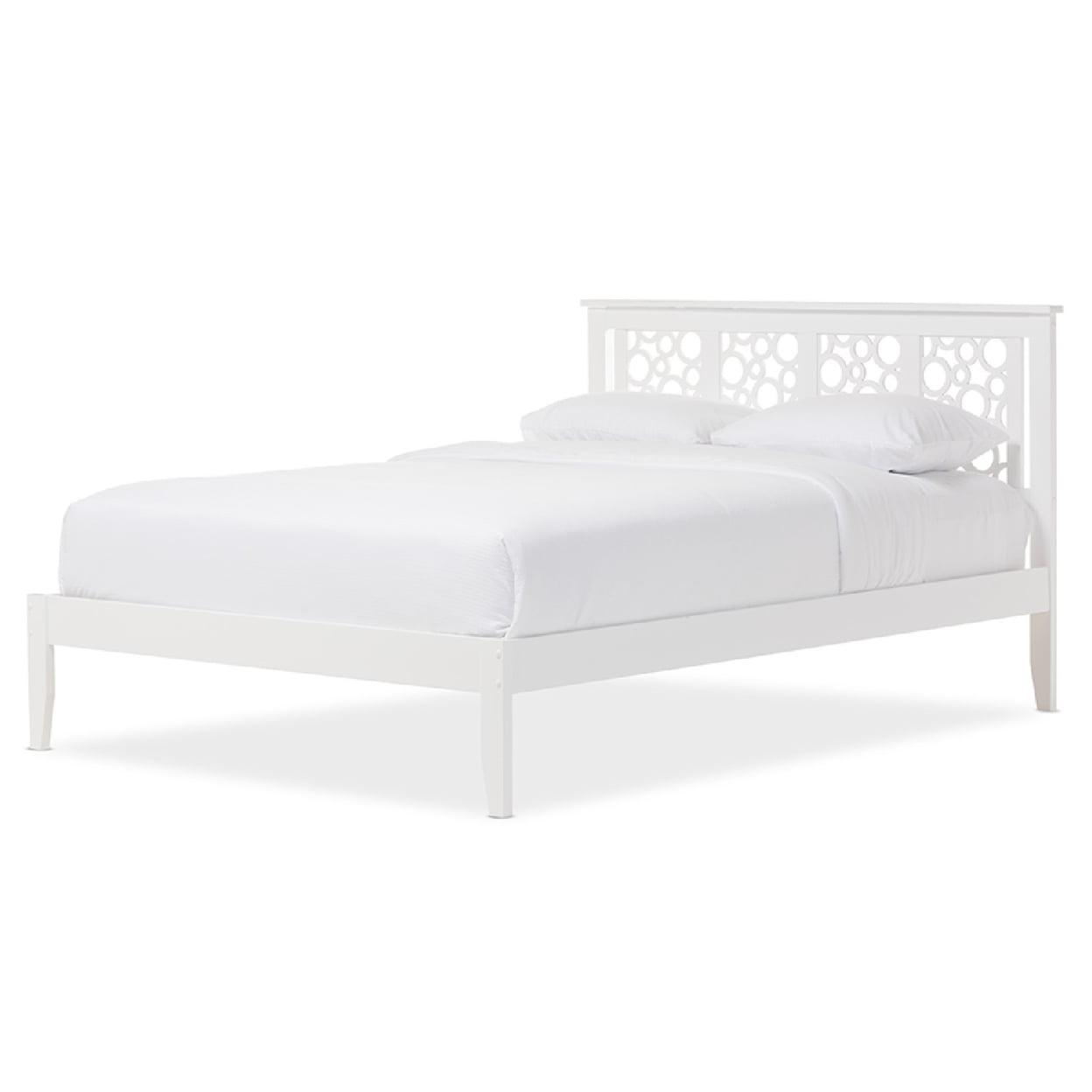 Celine Geometric White Solid Rubberwood Queen Platform Bed with Airy Headboard