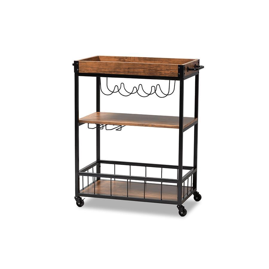 Cerne Oak and Finished Mobile Metal Bar Cart with Wine Bottle Rack Brown - Baxton Studio