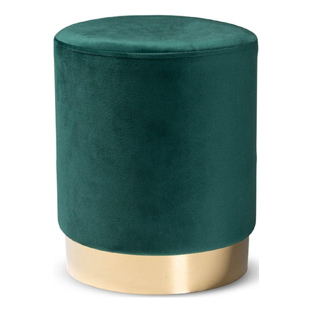 Green Velvet Round Tufted Ottoman with Gold Base