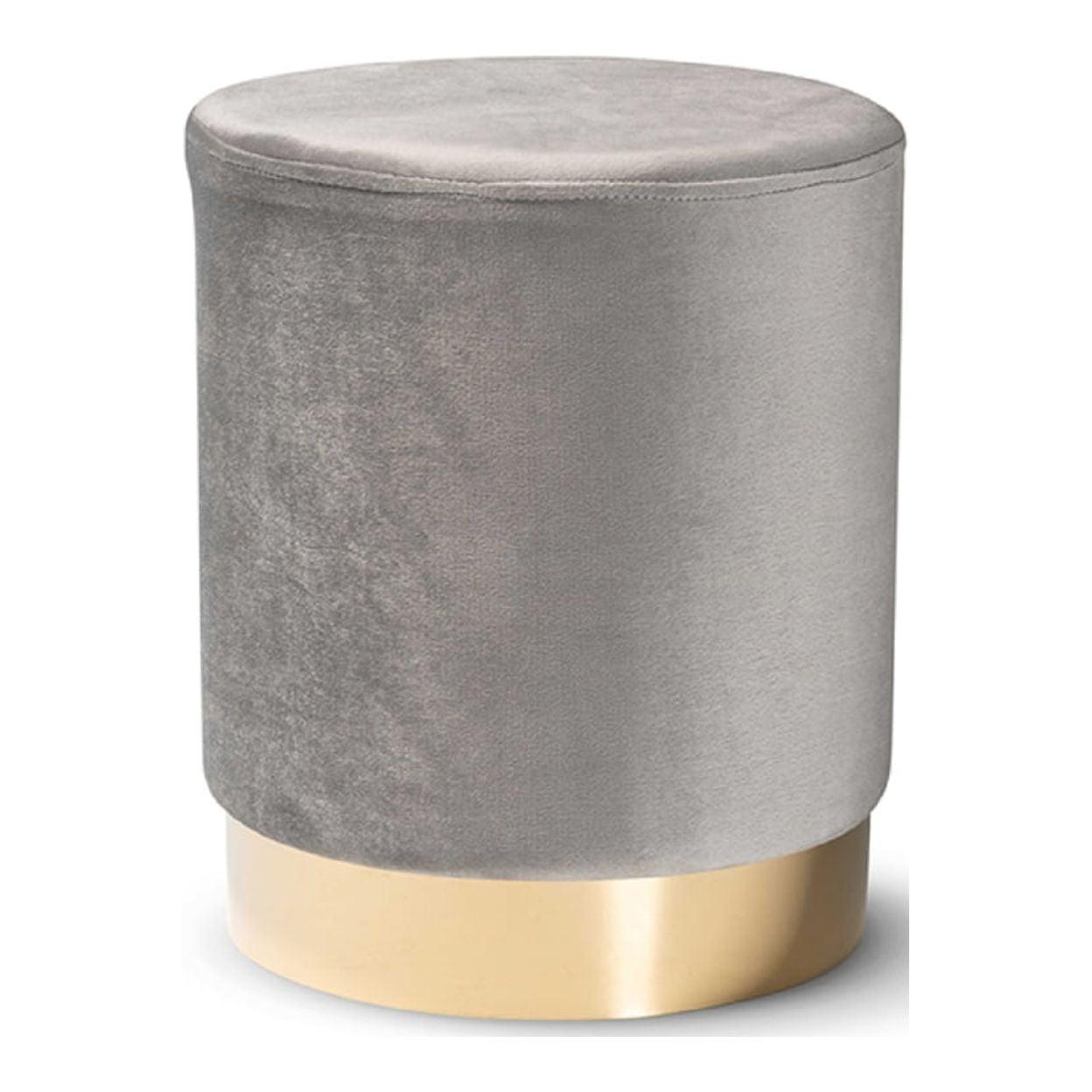 Chaela Gray Velvet and Gold Round Ottoman