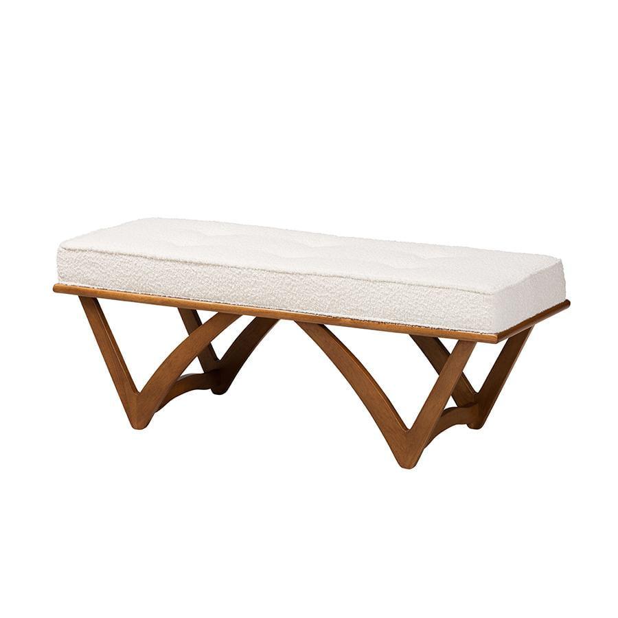 Chenoa Cream Boucle Fabric and Walnut Wood Bench