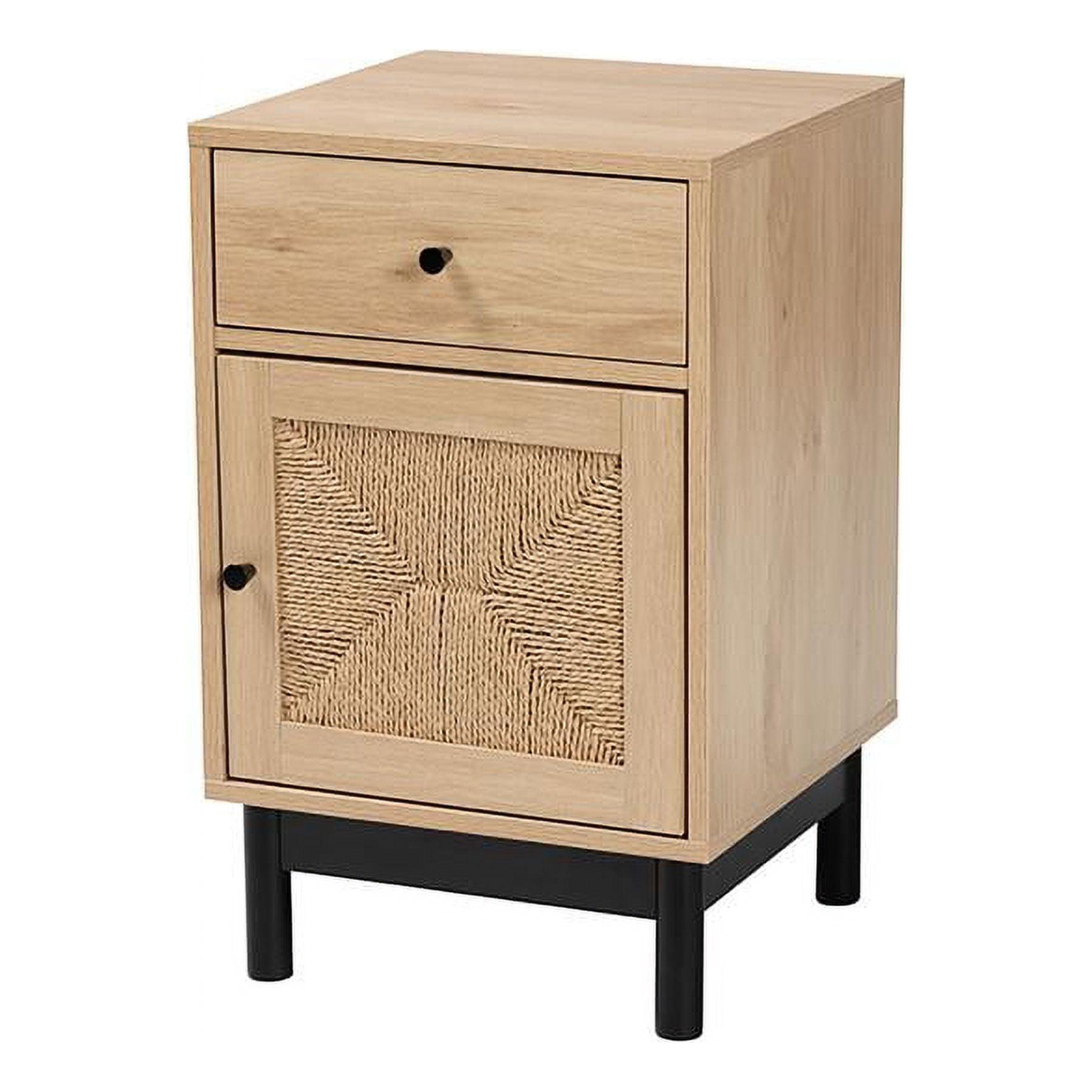 Light Brown Wood Accent Table with Woven Storage