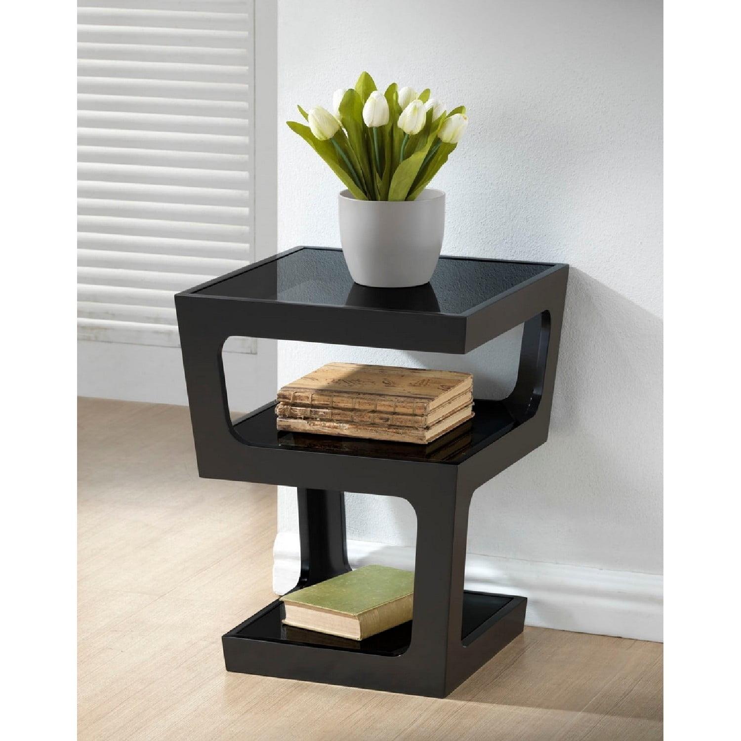 Black Modern End Table with 3-Tiered Glass Shelves