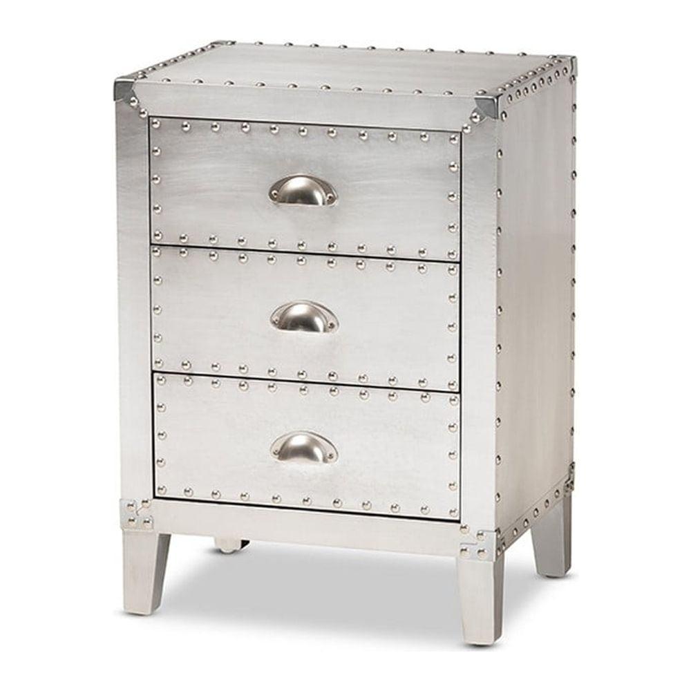 Claude Metal 3 Drawer Nightstand Silver - Baxton Studio: Vintage-Inspired, Rivet Detail, Fully Assembled