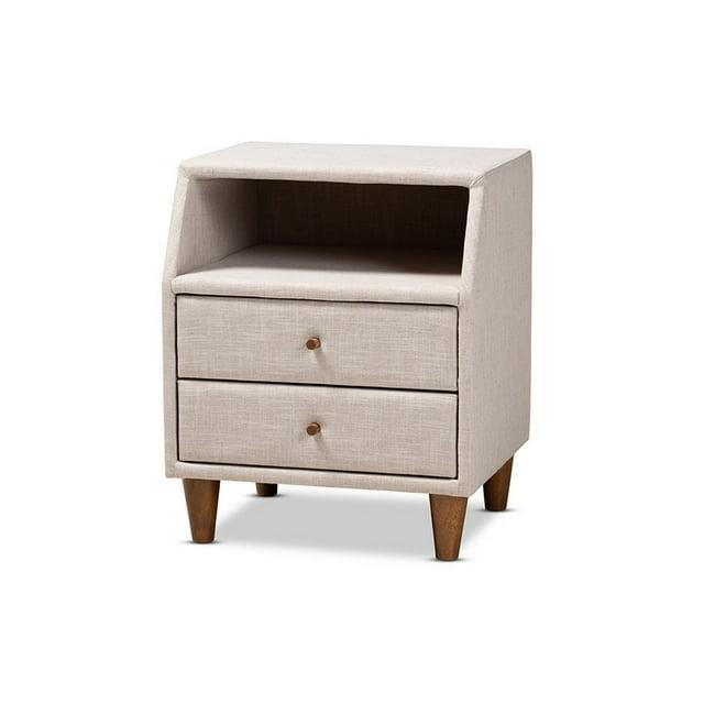 Baxton Studio Claverie Mid-Century Modern Beige Fabric Upholstered 2-Drawer Wood Nightstand