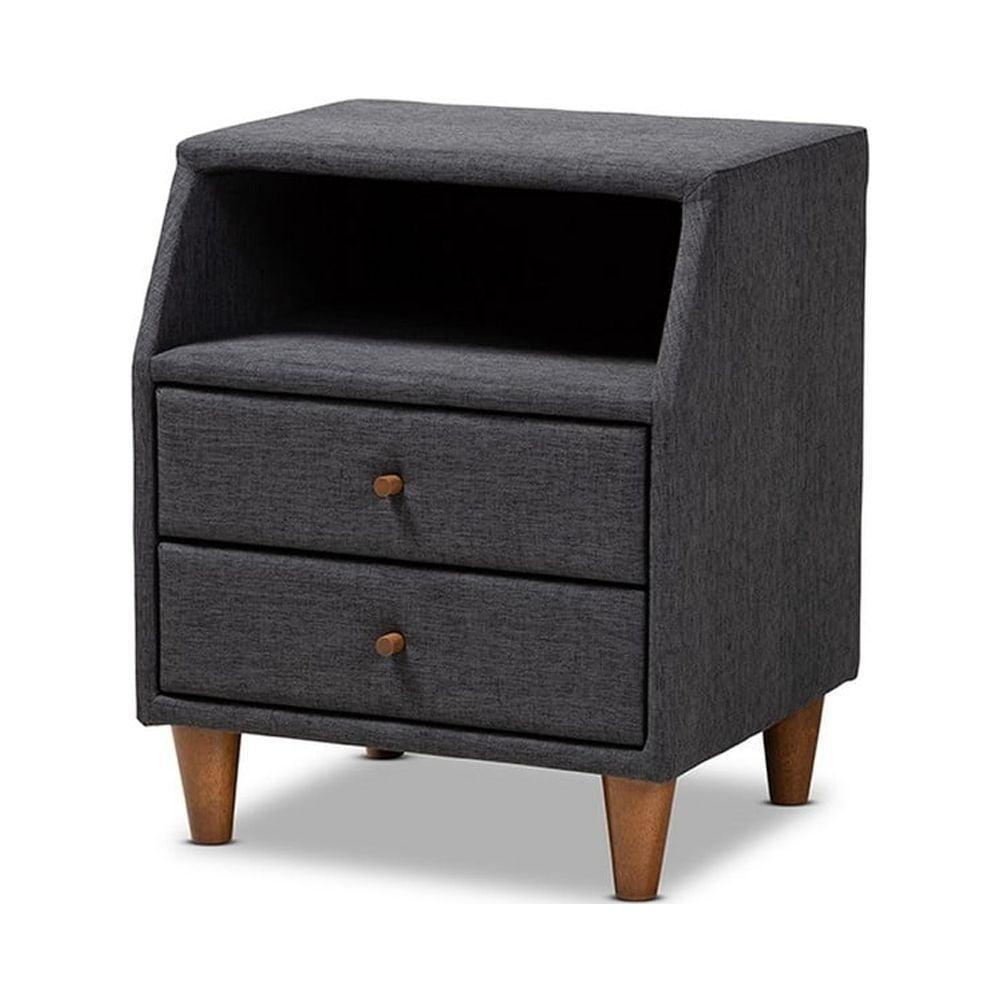 Claverie Charcoal Fabric 2-Drawer Mid-Century Modern Nightstand
