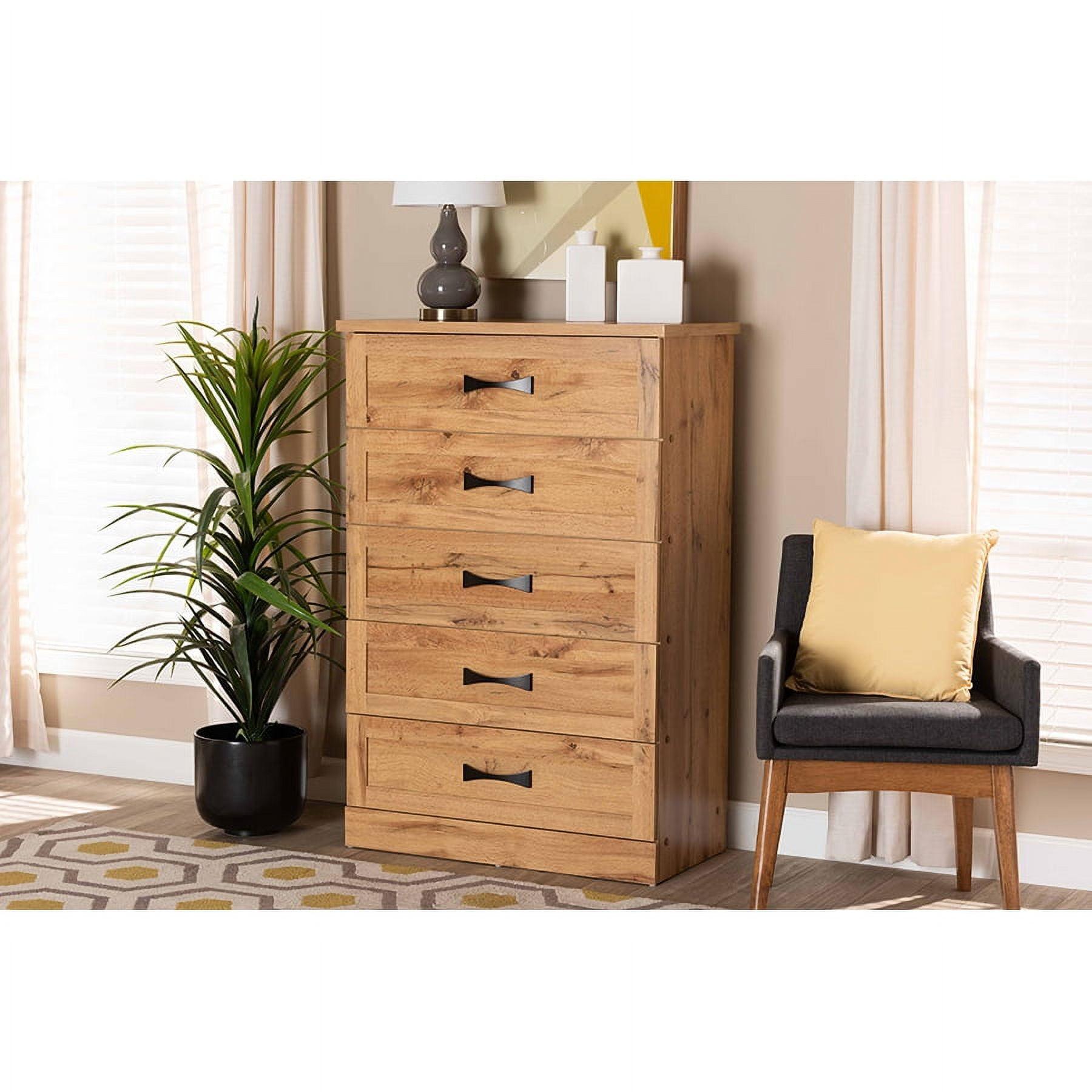 Oak Brown 5-Drawer Tallboy Storage Chest