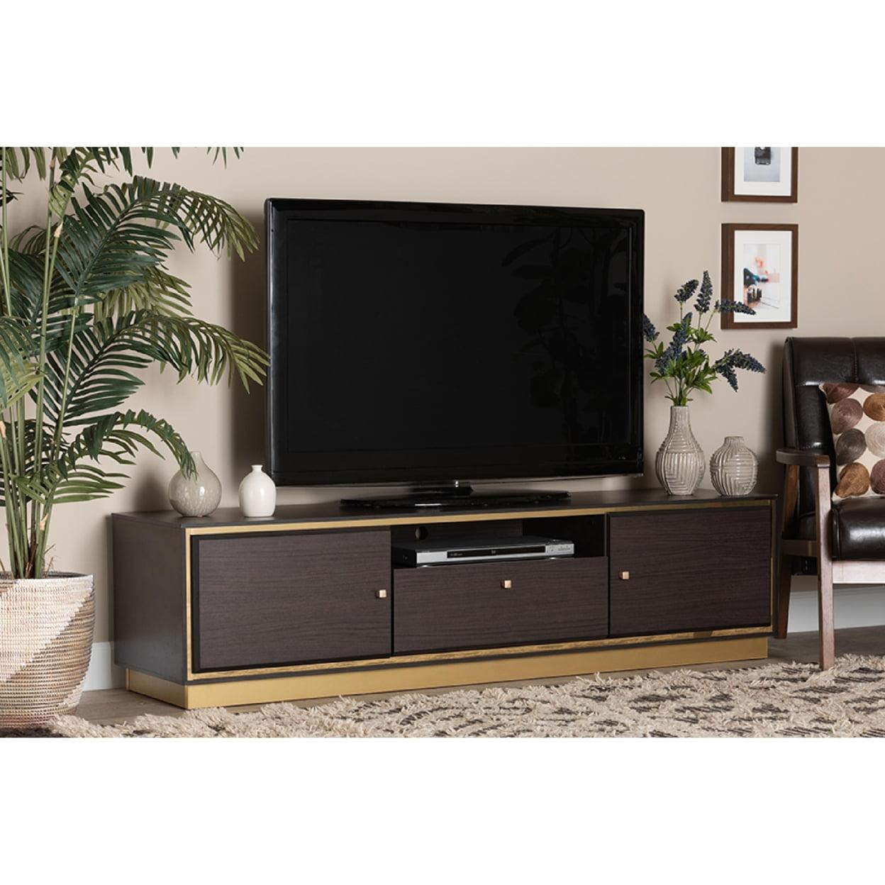 Cormac Dark Brown Walnut Wood TV Stand with Gold Trim