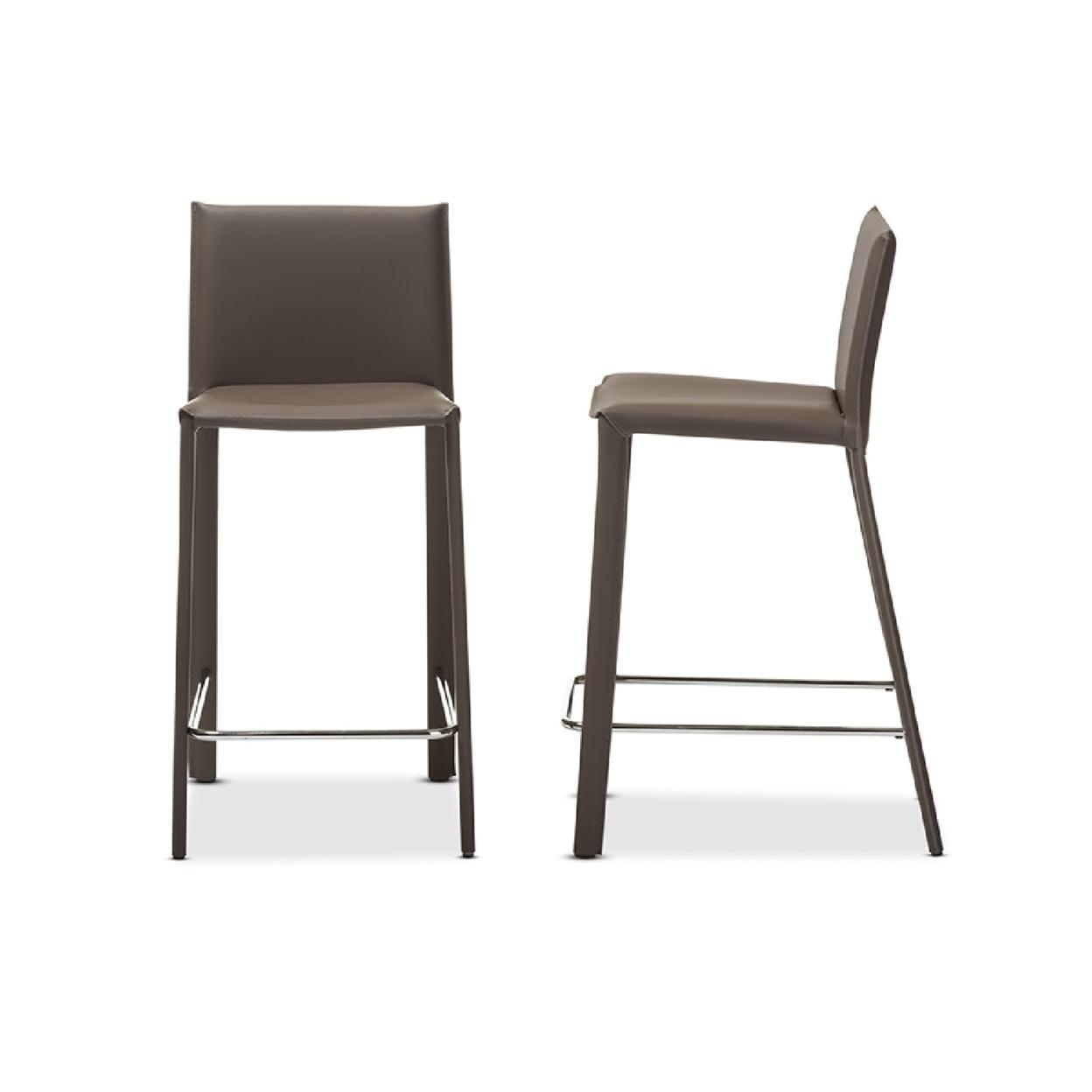 Crawford Contemporary Taupe Leather & Metal Counter Height Barstools, Set of 2