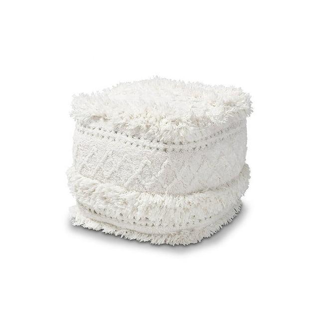 Baxton Studio Curlew Moroccan Inspired Ivory Handwoven Cotton Pouf Ottoman