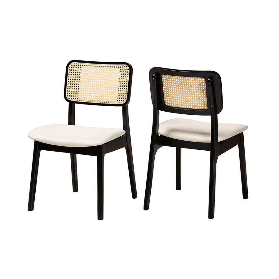 Dannon Cream Fabric and Black Wood Dining Chairs with Cane Backrest