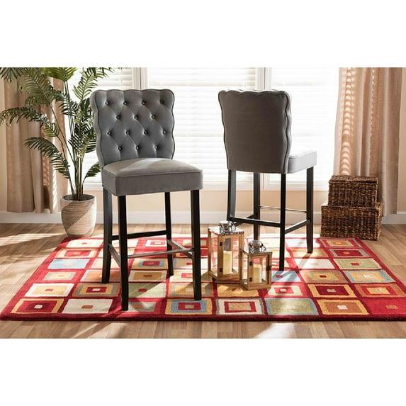 2pc Daphne Velvet Fabric Upholstered and Wood Counter Height Barstool Set Gray/Brown - Baxton Studio: Elegant Tufted Design, Silver-Tone Footrest
