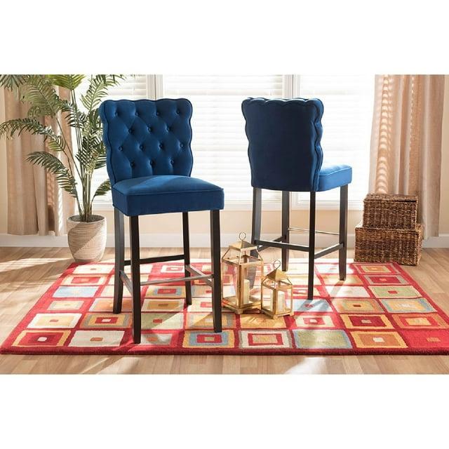 2pc Daphne Velvet Fabric Upholstered and Wood Counter Height Barstool Set Blue/Brown - Baxton Studio: Elegant Polyester Seating