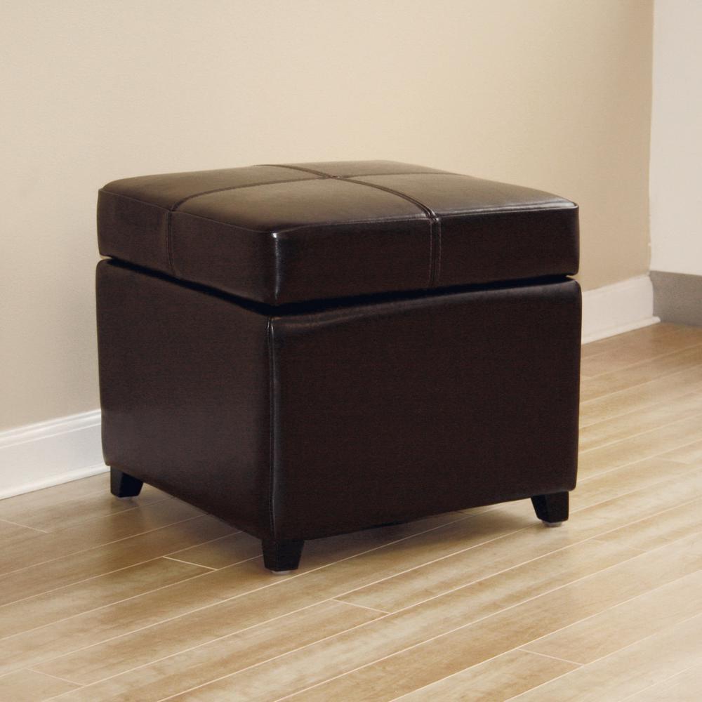 Full Leather Storage Cube Ottoman Dark Brown - Baxton Studio: Safety Hinge, No Assembly Required