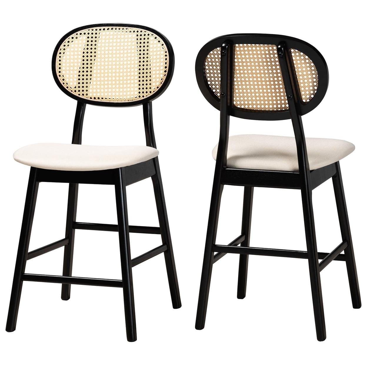 Baxton Studio 2pc Darrion Fabric and Wood Counter Height Barstools: Mid-Century, Upholstered, Footrest