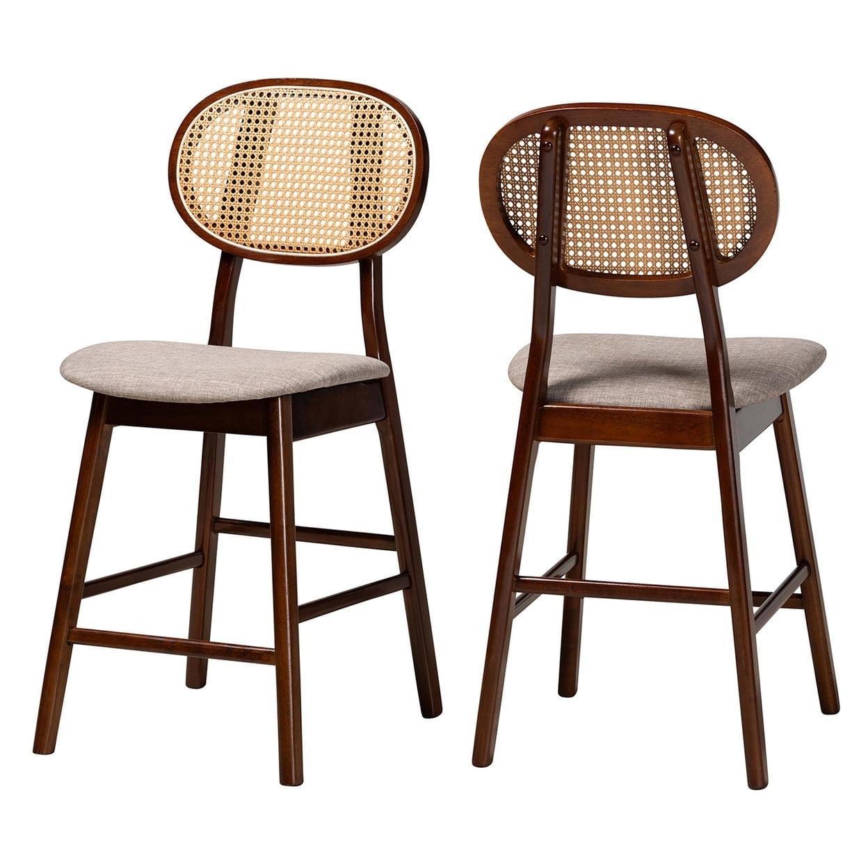 Grey Fabric and Walnut Brown Wood 2-Piece Counter Stool Set