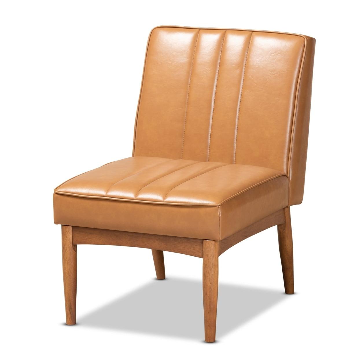 Tan Faux Leather and Walnut Wood Low Arm Chair