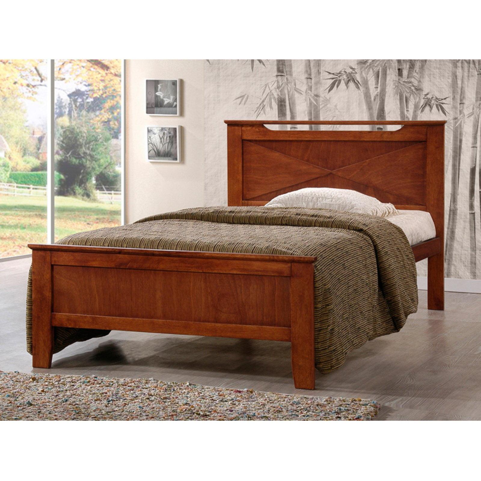 Antique Oak Twin Wood Platform Bed with X-Pattern Headboard