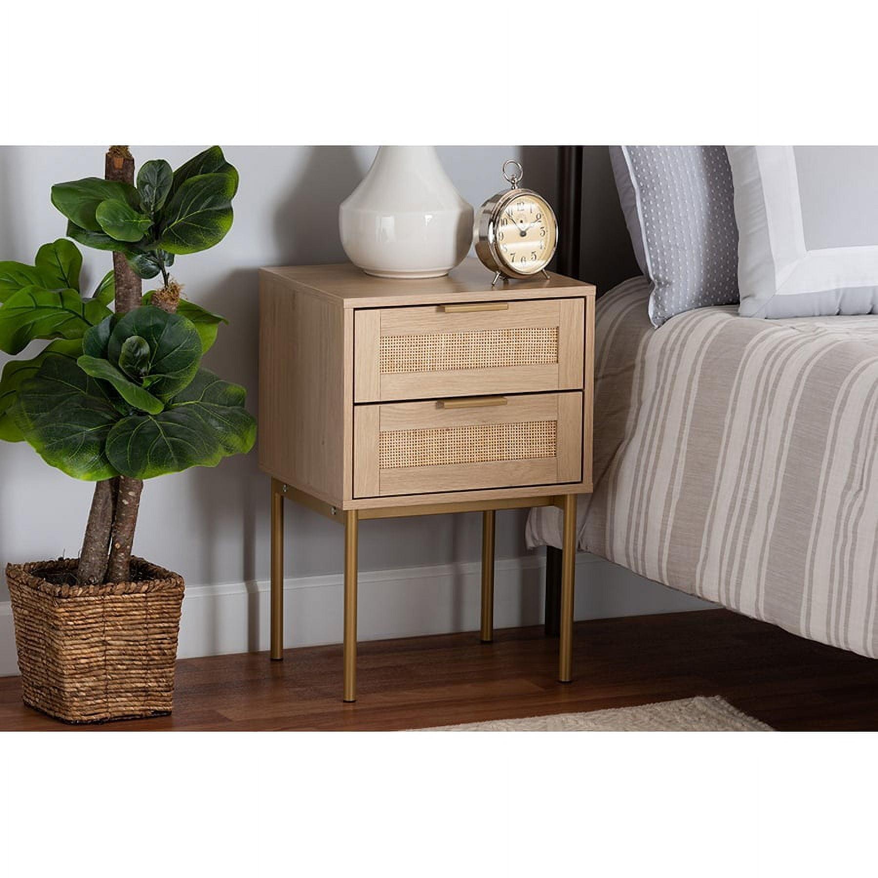 Dewitt Wood and Metal 2 Drawer End Table Light Brown/Gold - Baxton Studio: Japandi-Inspired, Rattan Fronts, Storage