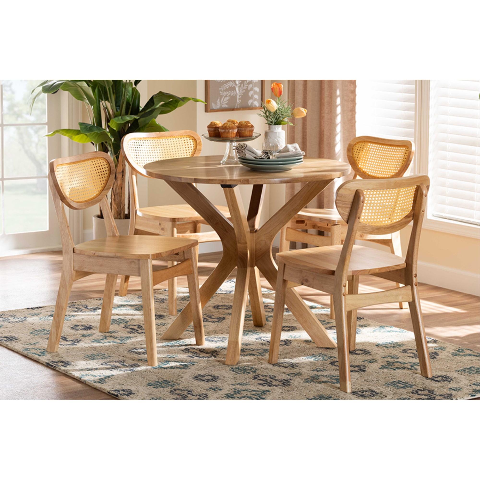 Oak Brown Wood and Rattan 5-Piece Dining Set with Round Table