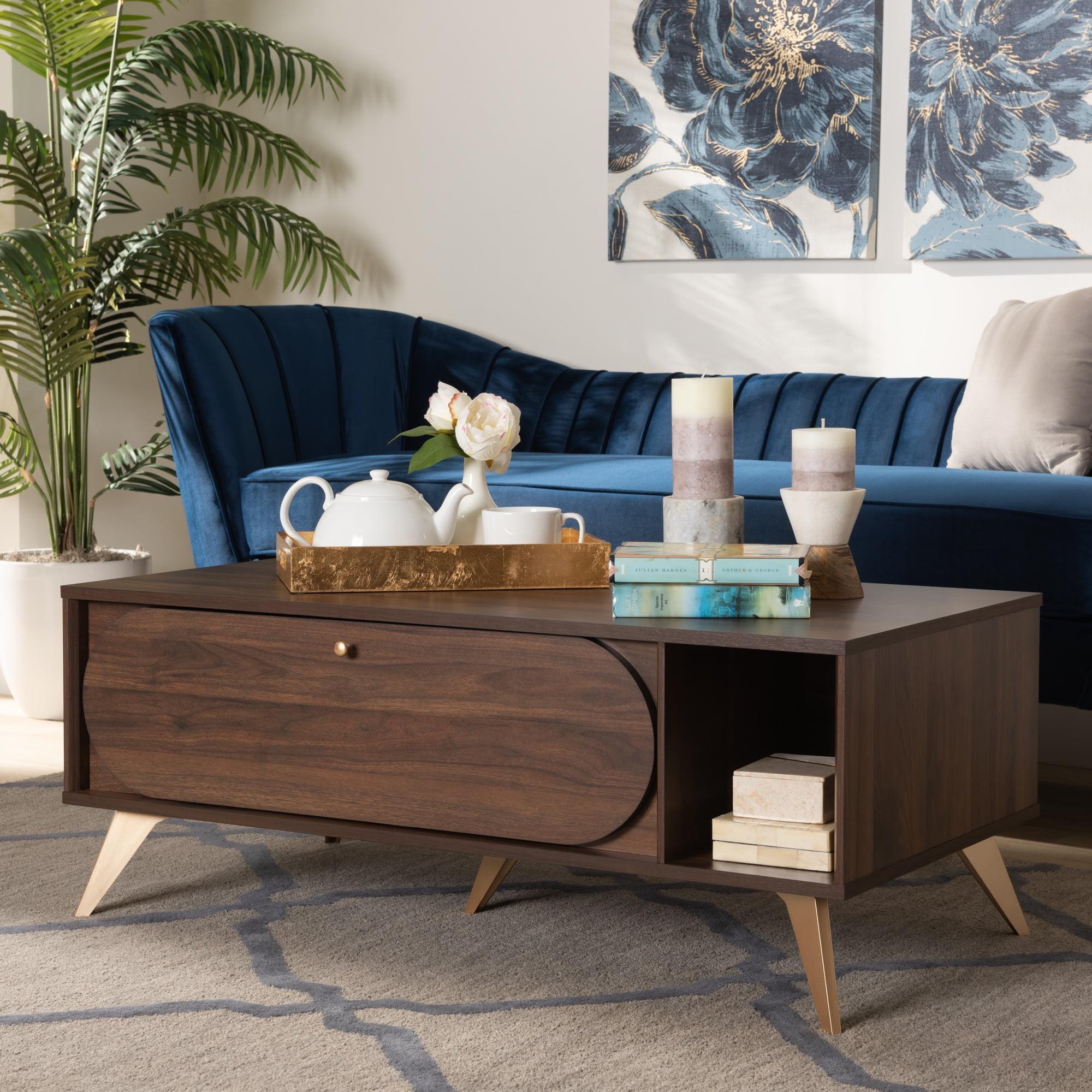 Walnut Brown and Gold Mid-Century Modern Rectangular Coffee Table with Storage