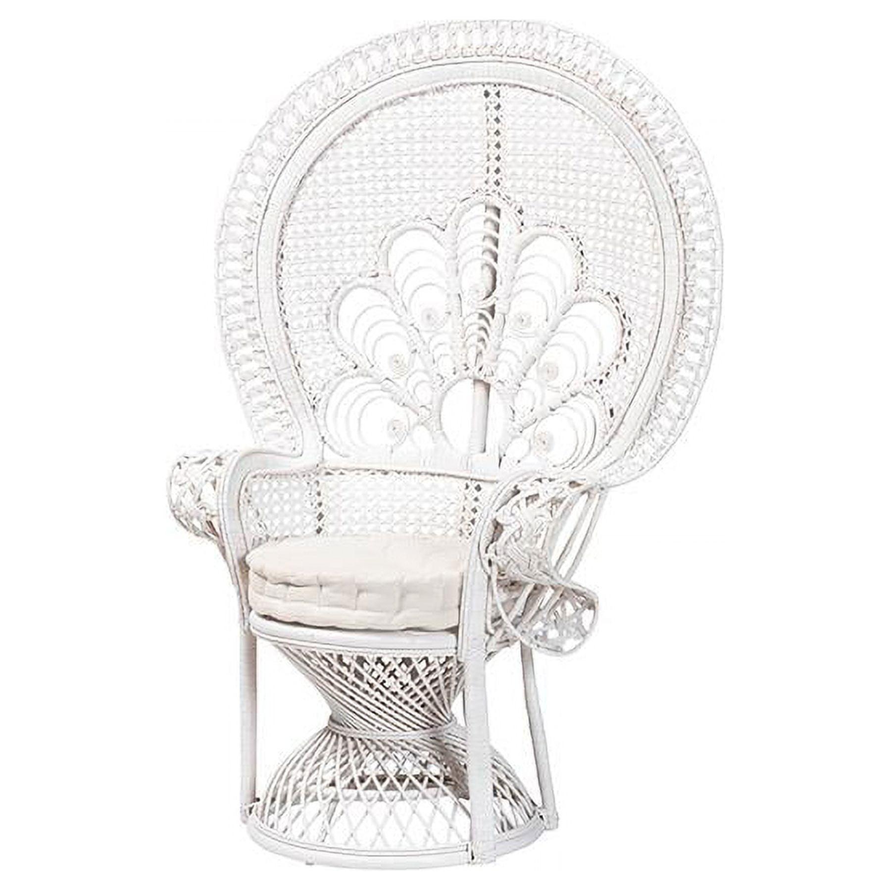 White Handcrafted Rattan Peacock Accent Chair with Upholstered Cushion