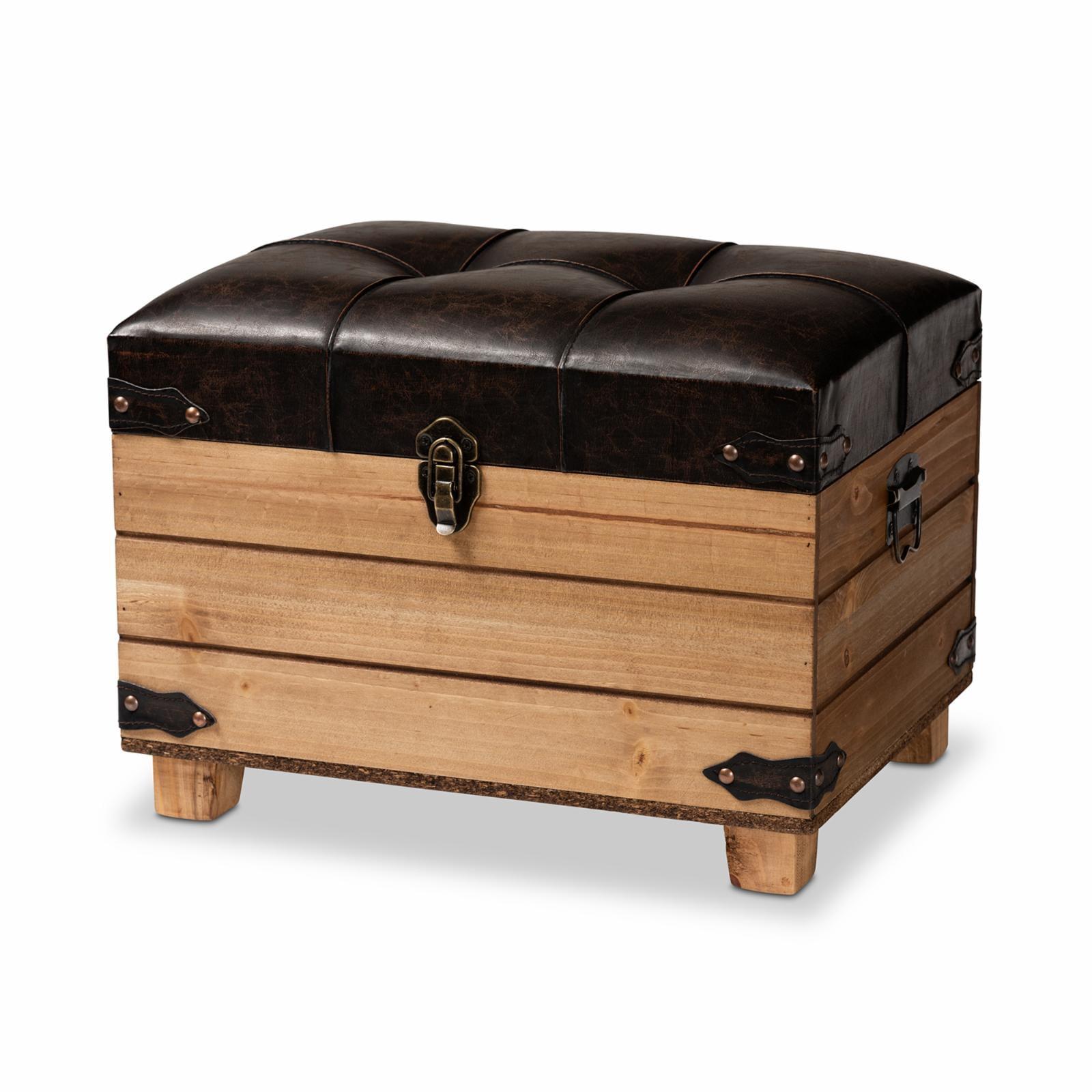 Edmund Rustic Oak Brown Faux Leather Storage Ottoman