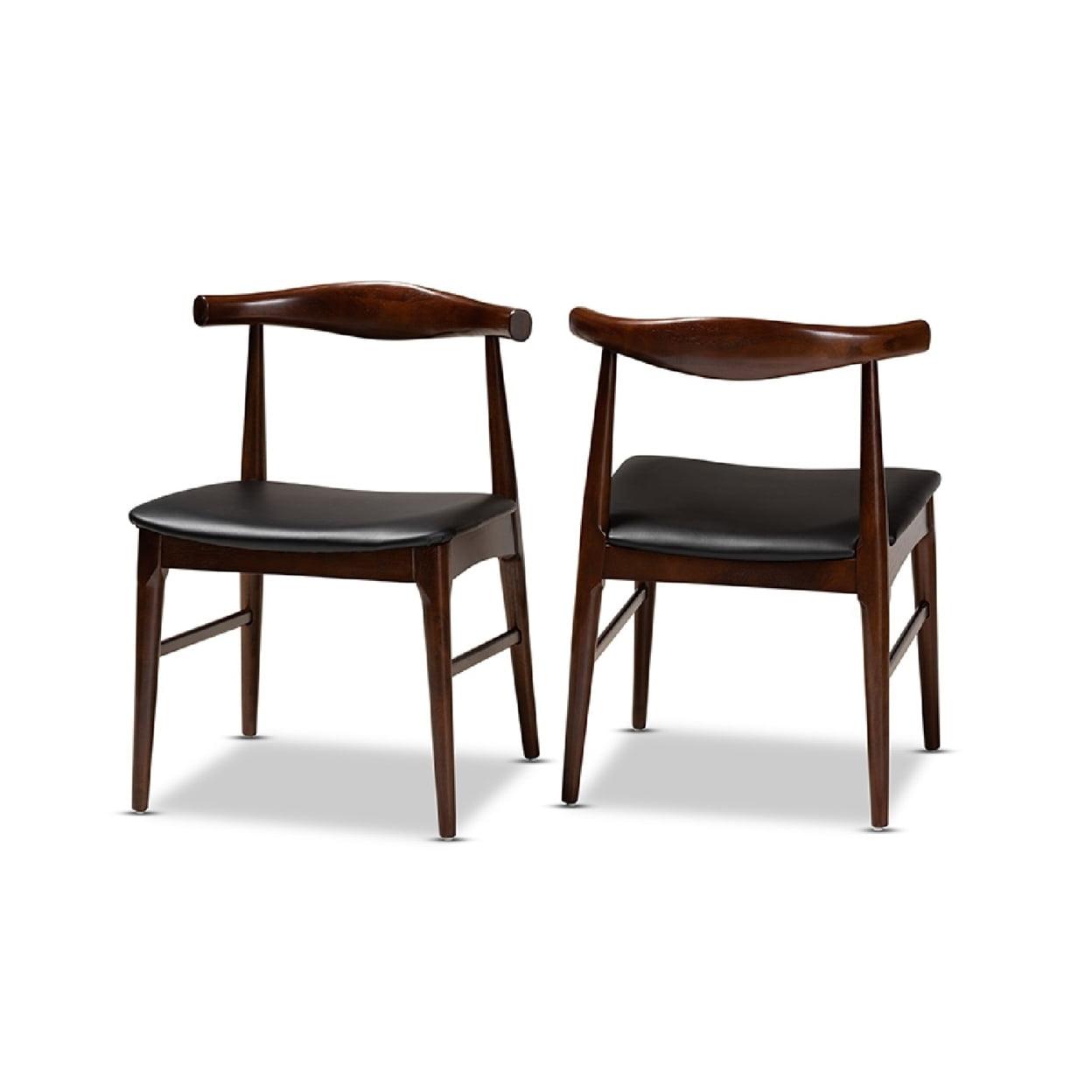 Mid-Century Modern Black Faux Leather Walnut Dining Chair Set