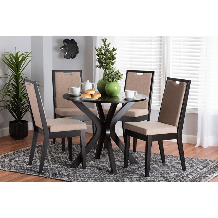 Sand Fabric and Dark Brown Wood 5-Piece Round Dining Set