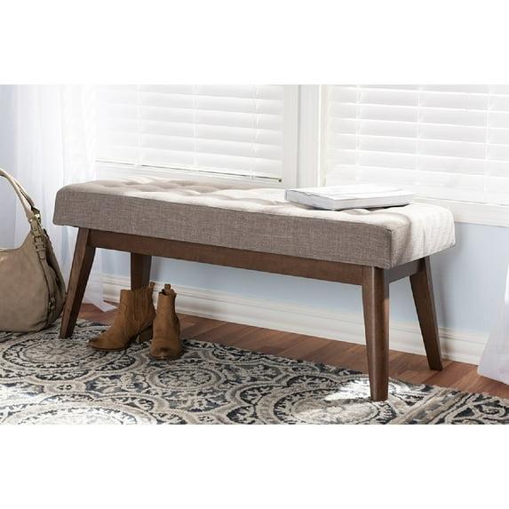 Elia Mid Century Modern Walnut Wood Fabric Button Tufted Bench Light Gray - Baxton Studio