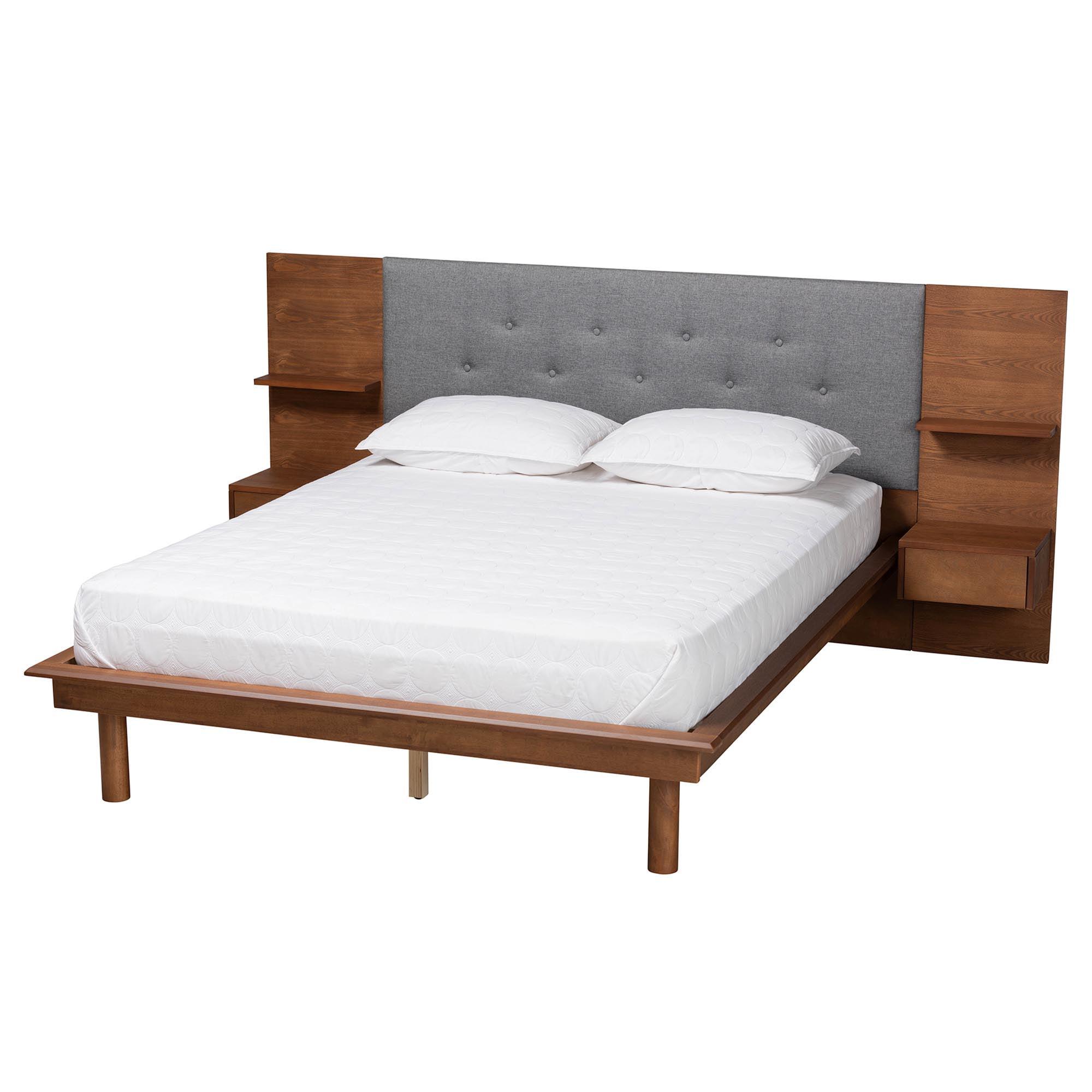 Gray and Walnut Queen Upholstered Wood Platform Storage Bed