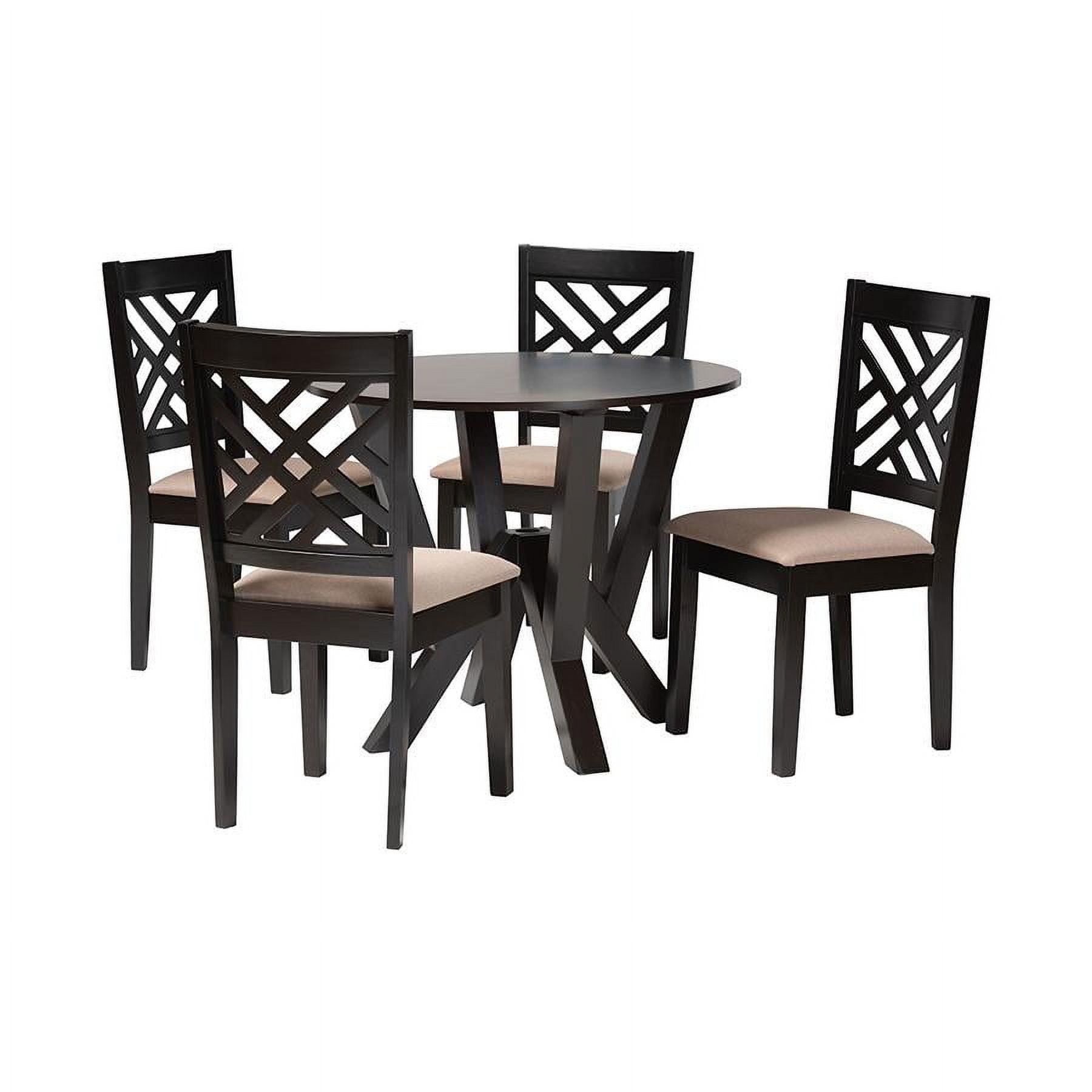 Elise Round Espresso Wood Dining Set with Beige Fabric Seats, 5-Piece