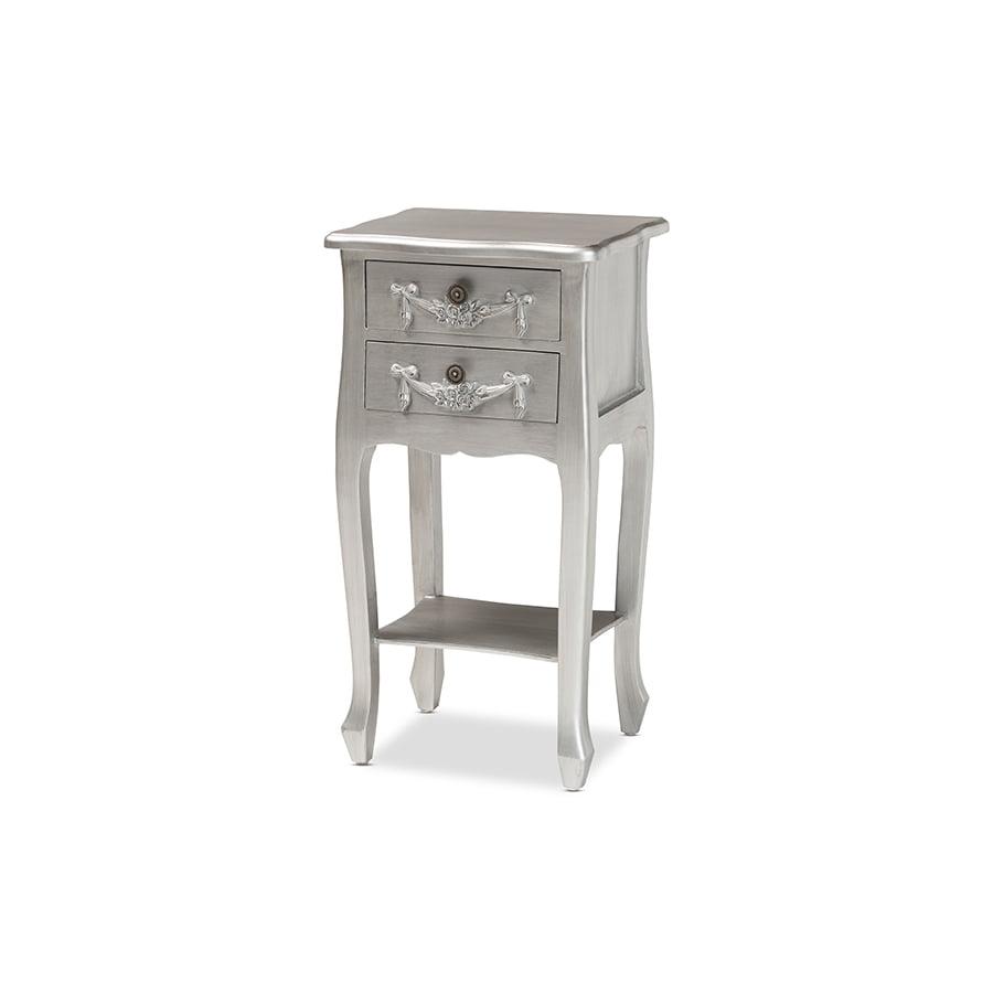 Eliya Silver Brushed Wood 2-Drawer Accent Table with Carved Details