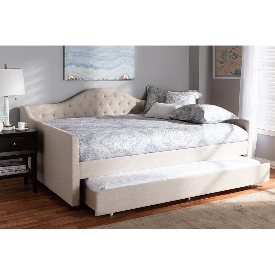 Light Beige Full Upholstered Daybed with Trundle and Tufted Headboard