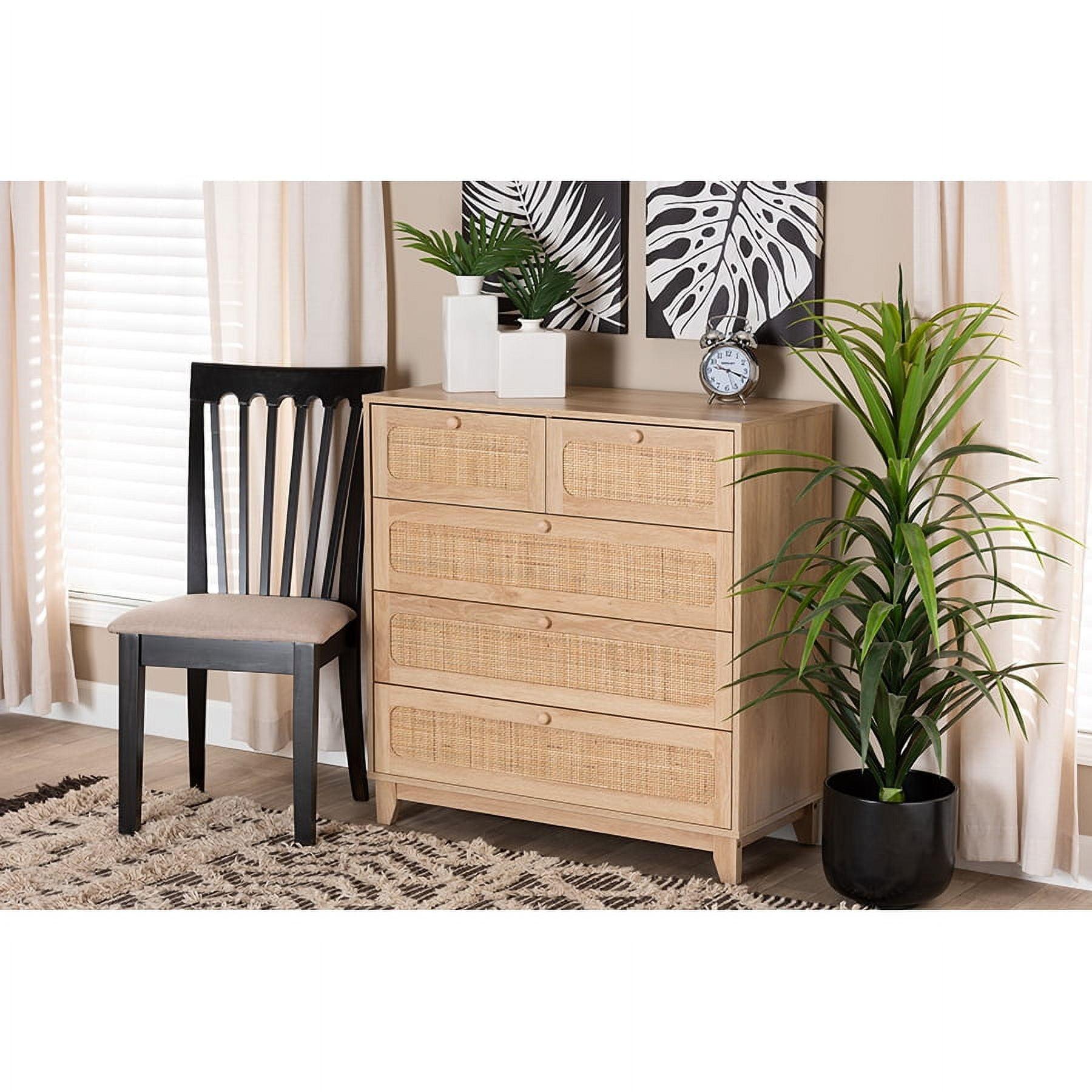 Elsbeth Wood and Natural Rattan 5 Drawer Storage Cabinet Oak Brown/Natural Brown - Baxton Studio