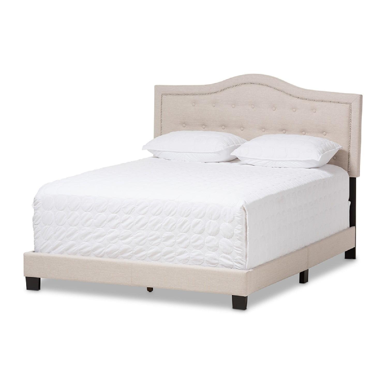 Elegant Beige King-Sized Upholstered Bed with Nailhead Trim