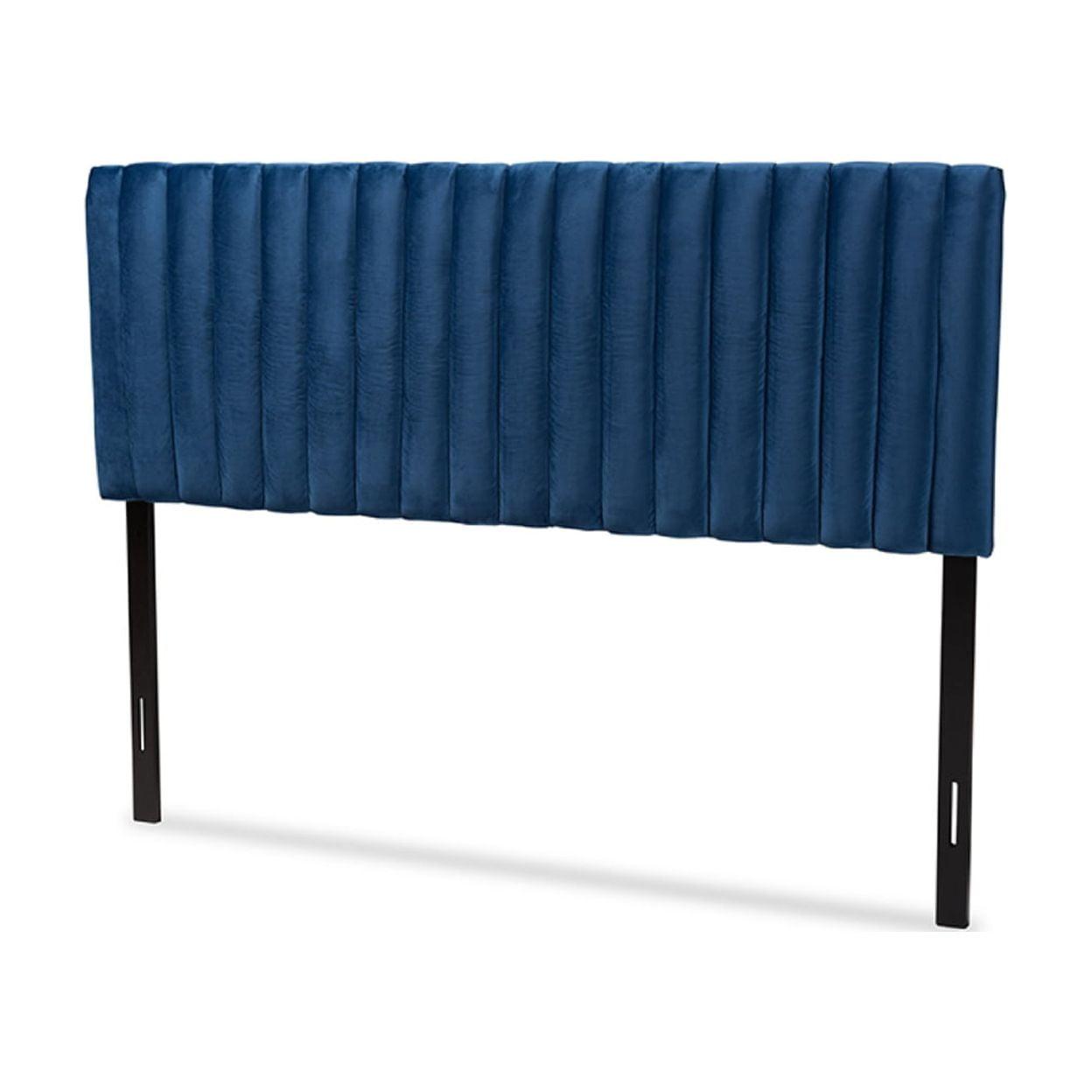 Emile Navy Blue Velvet and Dark Brown Wood Queen Headboard