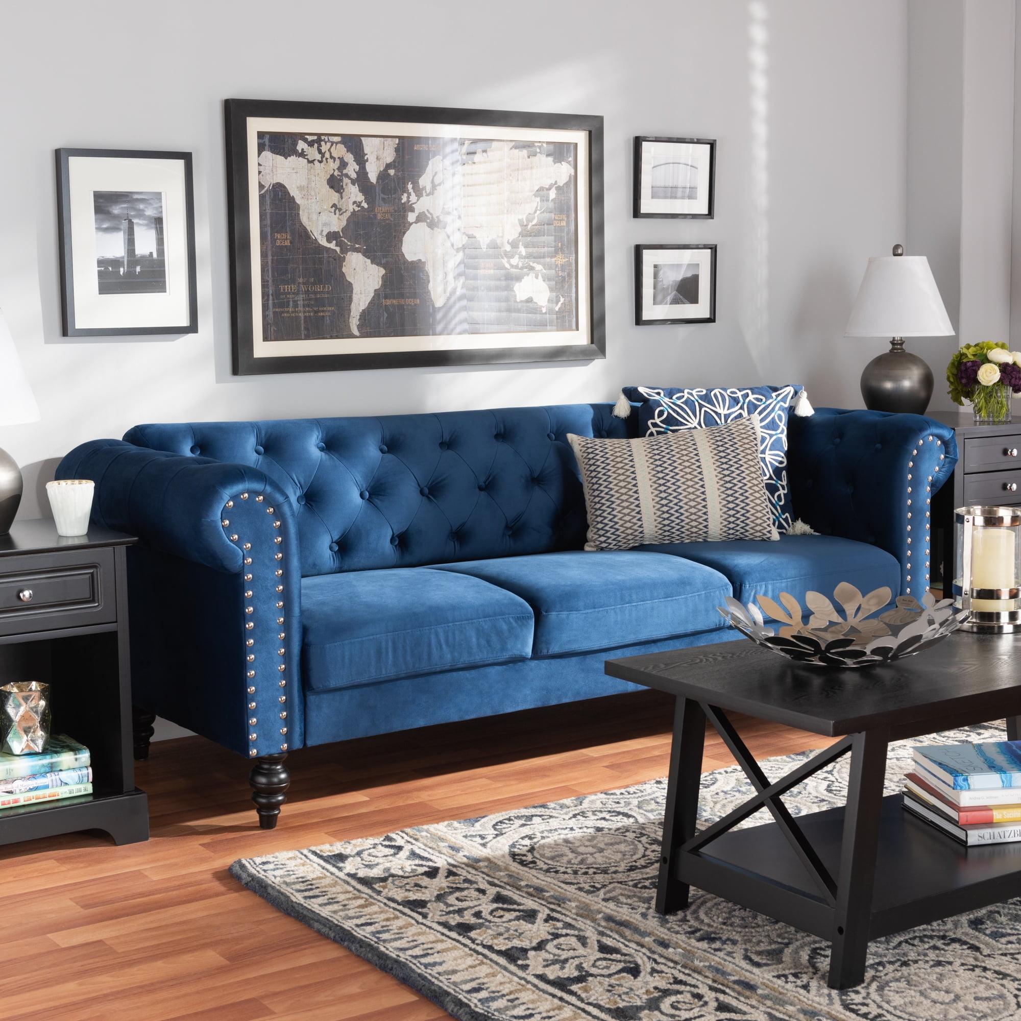 Elegant Black Velvet Chesterfield Sofa with Nailhead Accents and Wood Feet