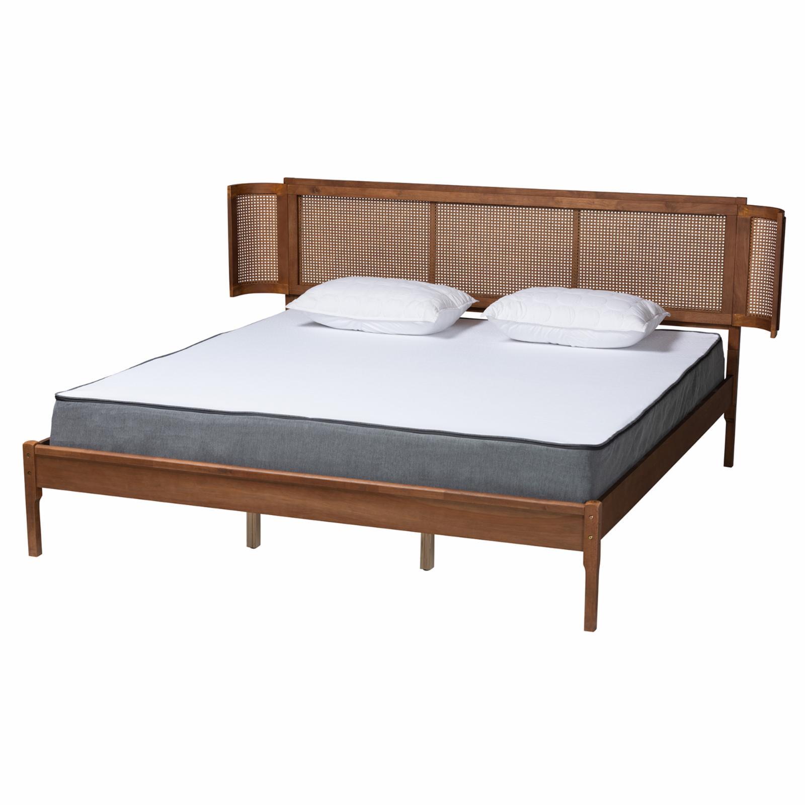 King Walnut Wood and Rattan Platform Bed with Woven Headboard