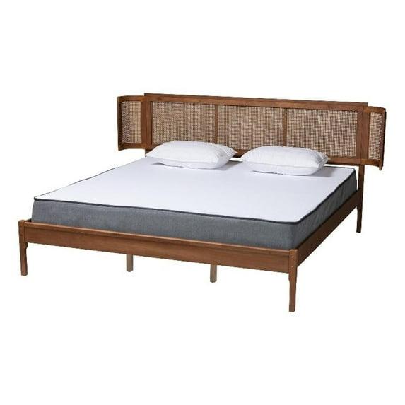 Baxton Studio Eridian Mid-Century Modern Walnut Brown Finished Wood and Natural Rattan King Size Platform Bed