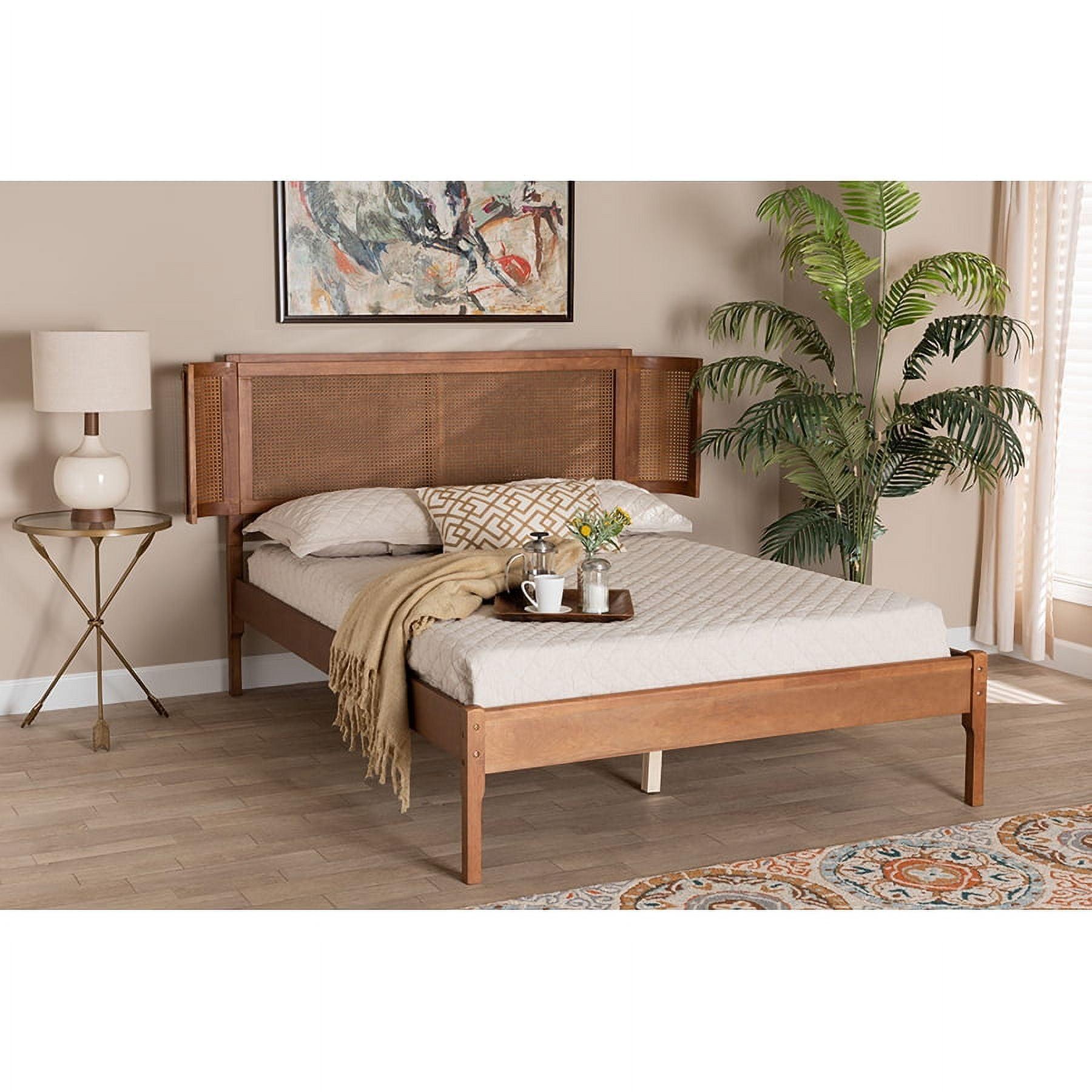 Baxton Studio Eridian Mid-Century Modern Walnut Brown Finished Wood and Natural Rattan Full Size Platform Bed