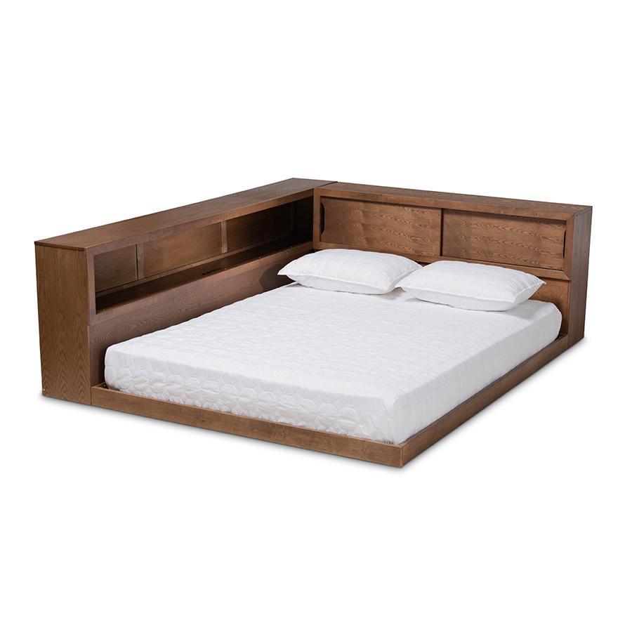 Queen Erie Platform Storage Bed with Built-In Outlet Walnut - Baxton Studio