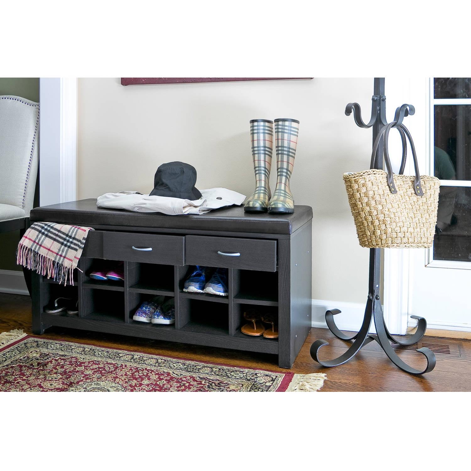 Espresso 46" Dark Brown Faux Leather Entryway Bench with Storage