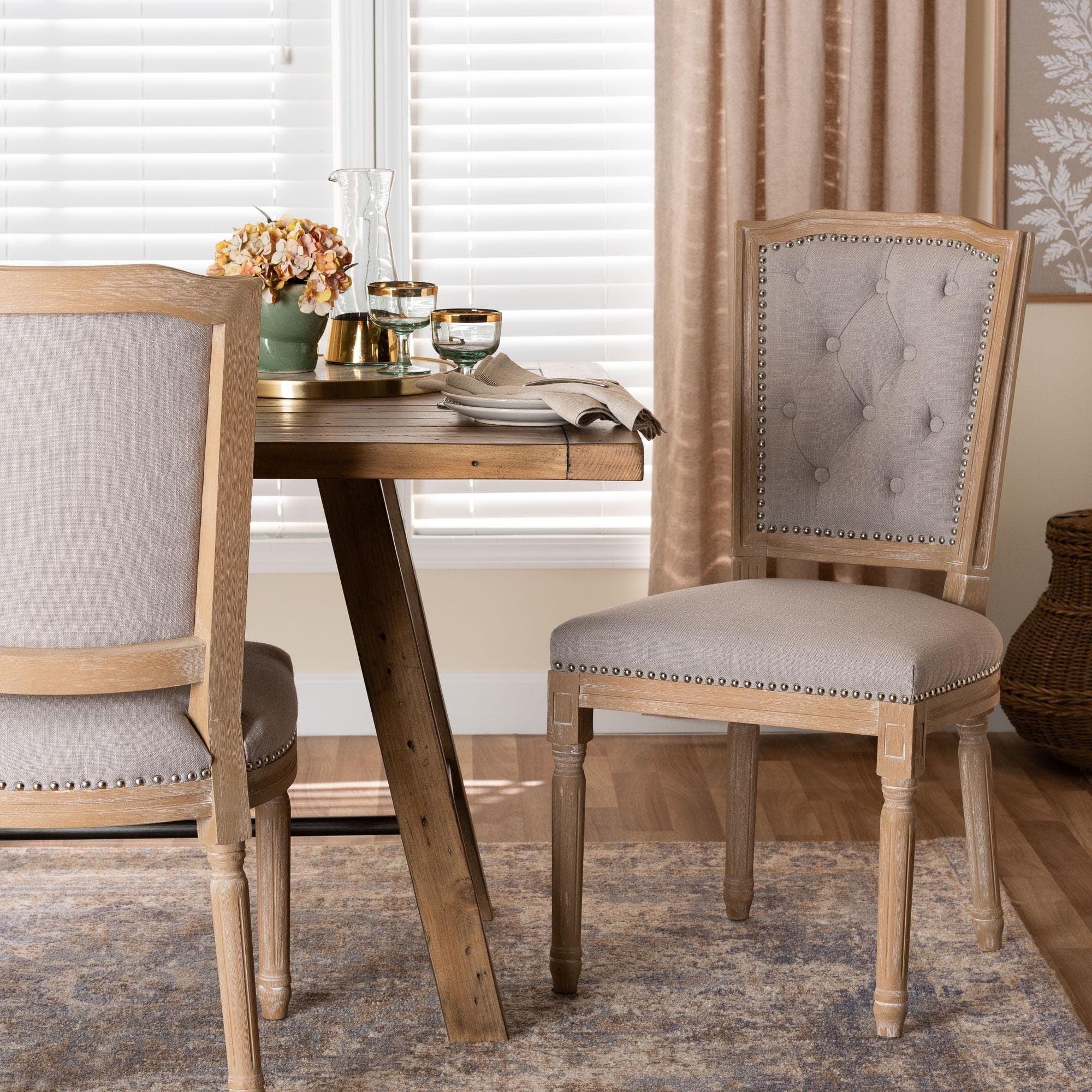 Estelle Chic Rustic French Country Cottage Dining Chair: Solid Oak, Linen Detail - Baxton Studio