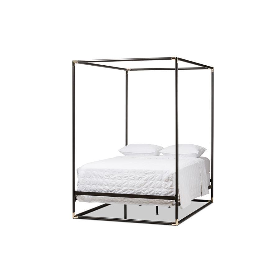 Queen Eva Vintage Industrial Finished Metal Canopy Bed Black - Baxton Studio: Matte Dark Bronze, Brass Accents