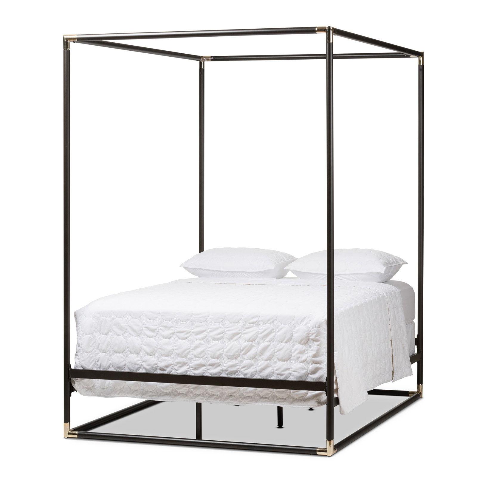 Queen Eva Vintage Industrial Finished Metal Canopy Bed Black - Baxton Studio: Matte Dark Bronze, Brass Accents