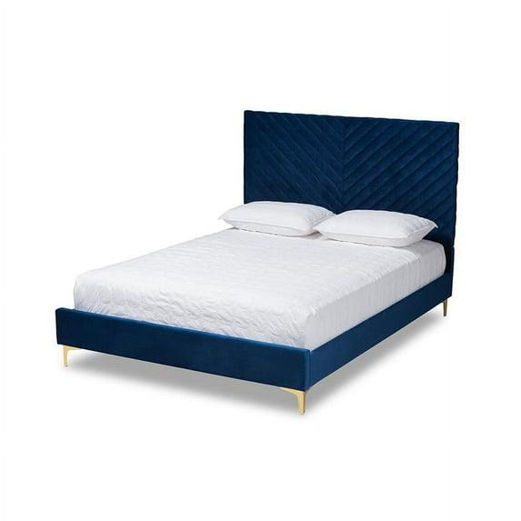 King Fabrico Velvet Fabric Upholstered and Metal Platform Bed Navy Blue/Gold - Baxton Studio