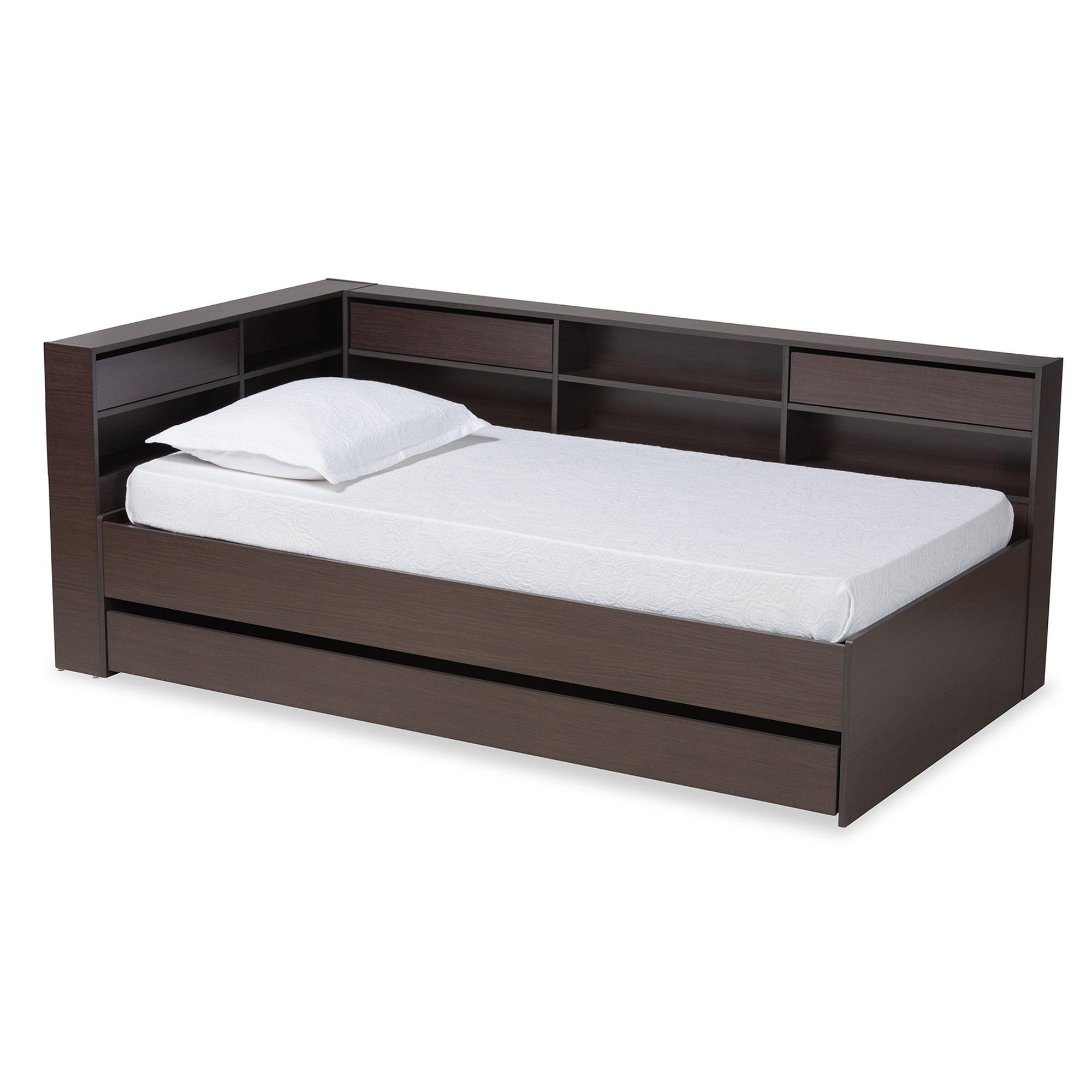 Faraday Twin Size Dark Brown Wood Storage Corner Bed with Upholstered Headboard