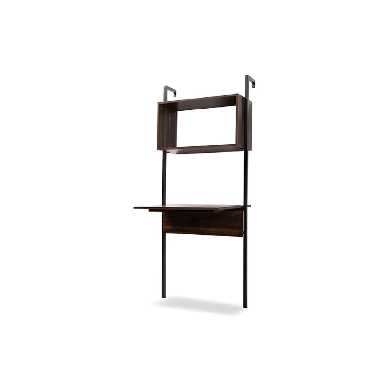 Fariat Walnut Brown Wood and Black Metal Display Shelf with Desk