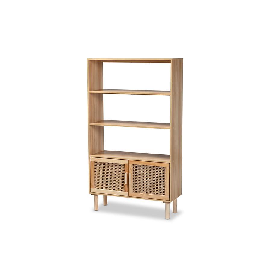 55.1" Faulkner Natural Wood Rattan 2 Door Bookcase Brown - Baxton Studio: Mid-Century Design, 3 Shelves